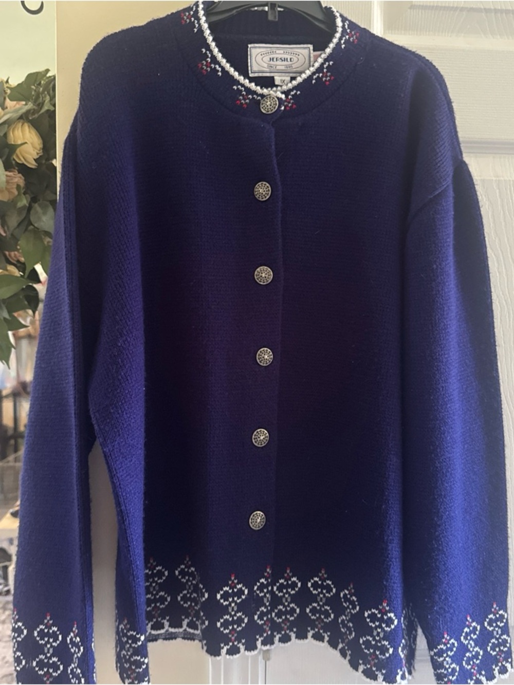 Women’s Navy Embroidered Button-Front Cardigan Sweater